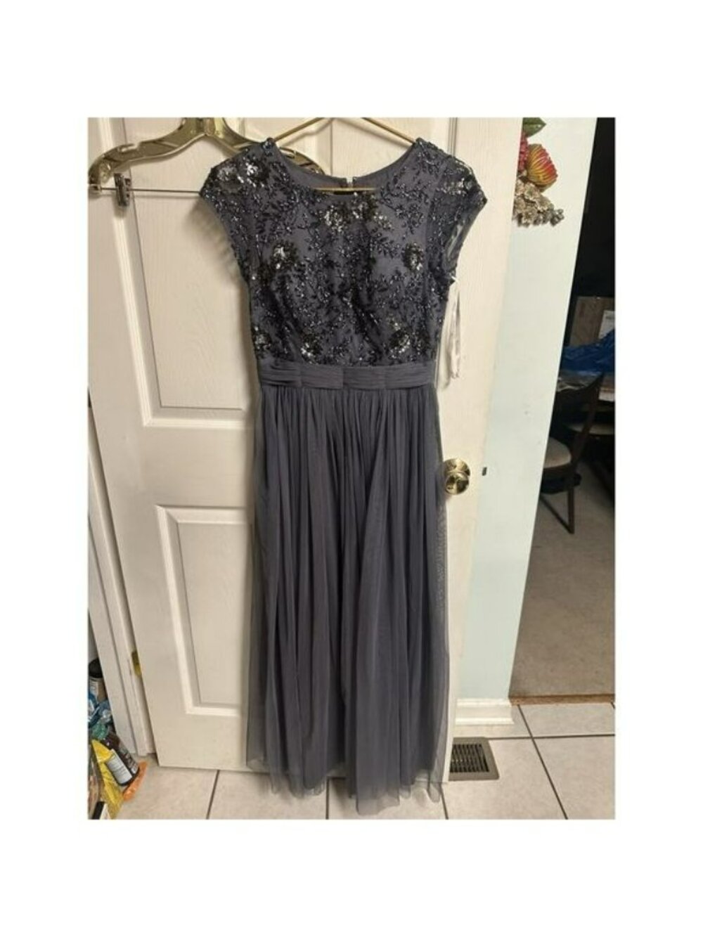 Viola Chan Beaded Gown Prom Long Dress W/ Tulle Skirt Grey Small 6 Bridesmaid